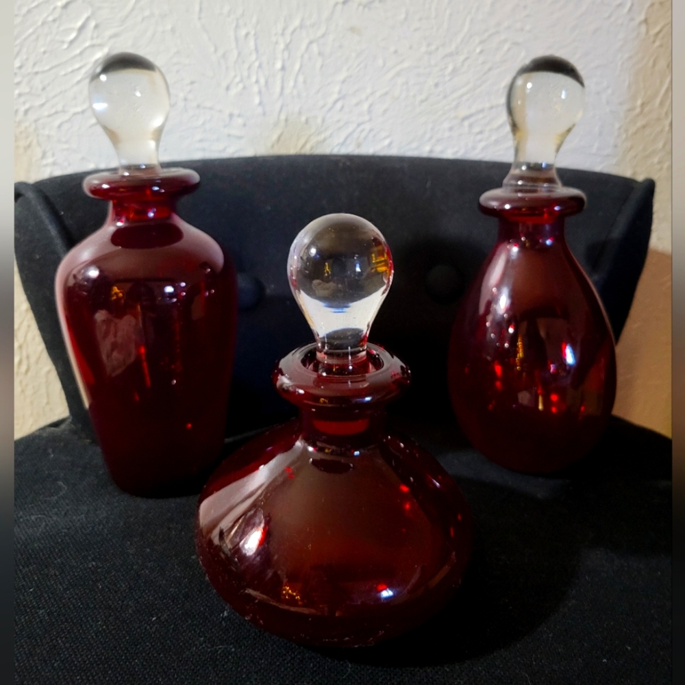 3 Ruby Red Apothecary Lidded Bottles